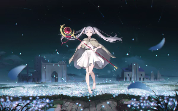 Anime-style 4K Ultra HD wallpaper featuring Frieren from Frieren: Beyond Journey's End, standing gracefully with a staff amidst a dreamy, ethereal landscape.