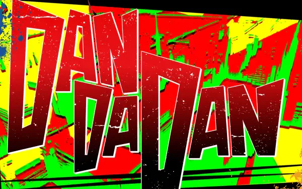 HD anime desktop wallpaper featuring bold, stylized Dandadan text with a vibrant red, yellow, and green background, capturing the dynamic energy of the series.