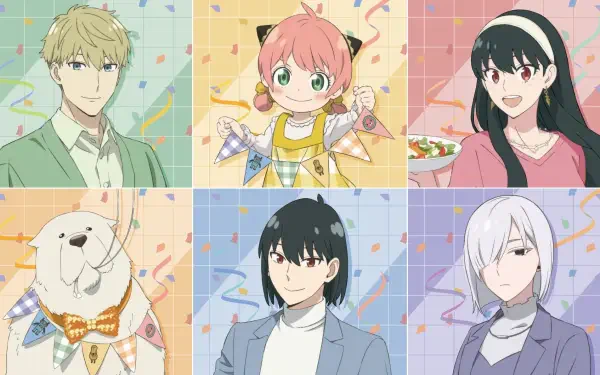 Anime HD PC desktop wallpaper featuring main characters from Spy x Family, each framed in colorful panels with festive confetti in the background.