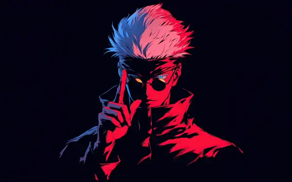 Satoru Gojo from Jujutsu Kaisen stands confidently in this stunning 4K Ultra HD desktop wallpaper, characterized by bold red and blue colors against a dark background.