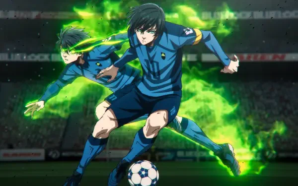 A vibrant HD wallpaper featuring anime characters Rin Itoshi and Isagi Yoichi from Blue Lock, showcasing dynamic action on the soccer field with green energy effects.
