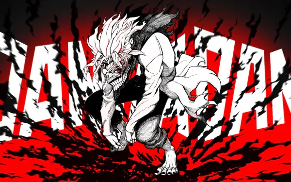 Anime-style illustration from Dandadan manga featuring a fierce, white-haired character crouching aggressively over a red and black background with bold text.