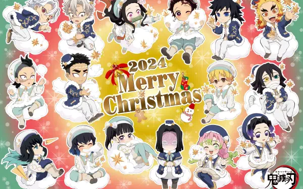 2024 Merry Christmas-themed 4K Ultra HD PC desktop wallpaper featuring chibi-style characters from the anime Demon Slayer: Kimetsu no Yaiba against a festive background.