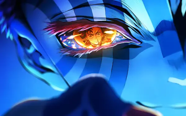 Close-up 4K Ultra HD anime wallpaper from Demon Slayer: Kimetsu no Yaiba featuring Akaza's eye reflecting Tanjiro Kamado.