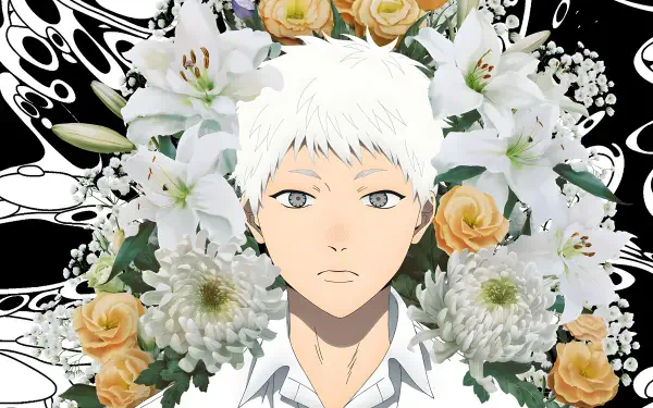 Indou Hikaru from The Summer Hikaru Died framed by white lilies and pale roses, calm expression — 4K Ultra HD PC desktop anime wallpaper.
