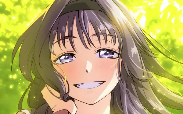 Anime close-up of Kaoruko Waguri smiling in sunlit green foliage — The Fragrant Flower Blooms With Dignity, 4K Ultra HD PC desktop wallpaper.