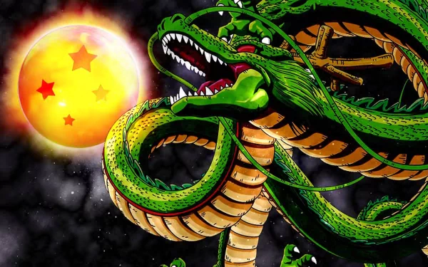 HD desktop wallpaper featuring Shenron, the mystical dragon from Dragon Ball Z, coiling around and looking towards a glowing Dragon Ball with four stars against a dark, starry background.