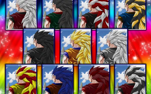 HD desktop wallpaper featuring characters from Dragon Ball Z with various hair colors and styles against a vibrant, colorful background.