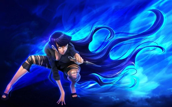 HD desktop wallpaper featuring Hinata Hyuga from Naruto, set against a vibrant blue background, showcasing her poised for action with flowing hair and intense expression.