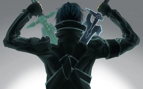 HD desktop wallpaper featuring Kirito from Sword Art Online, depicted from behind holding two glowing swords.