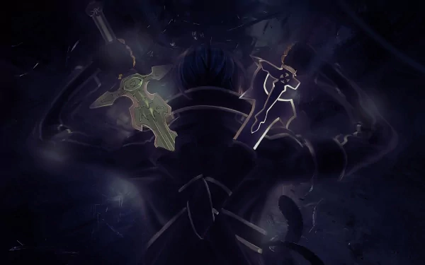 HD wallpaper featuring Kazuto Kirigaya, also known as Kirito, from the anime Sword Art Online, depicted from behind holding two glowing swords in a dark and intense atmosphere.