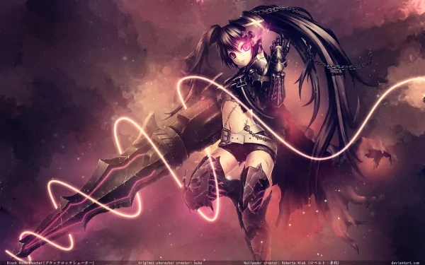 HD desktop wallpaper featuring Insane Black Rock Shooter with black hair in twintails. The anime character appears in a dynamic pose with a dark, smoky background and glowing energy lines.