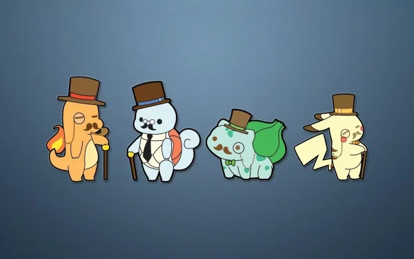 Charming HD desktop wallpaper featuring Pikachu, Bulbasaur, Squirtle, and Charmander dressed in top hats and monocles, adding a touch of elegance to these classic starter Pokémon.