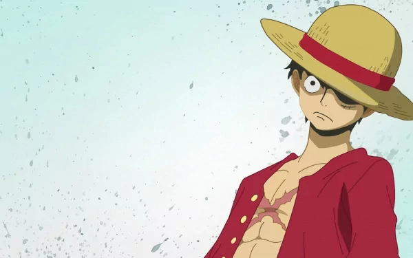 HD desktop wallpaper featuring Monkey D. Luffy from the anime One Piece, wearing a straw hat and red vest, standing against a light green, textured background.