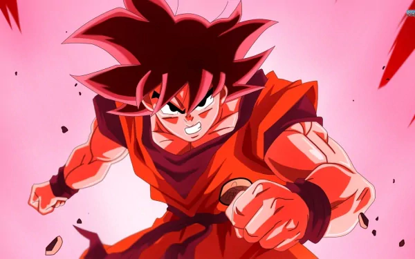 HD desktop wallpaper of Goku from Dragon Ball Z in Kaioken form, showcasing his powerful aura and intense expression with a vibrant pink background.