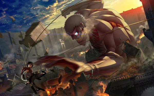 HD wallpaper featuring Mikasa Ackerman confronting the Armored Titan among flames and a cloud-filled sky, with glowing eyes and swords drawn in Attack on Titan.