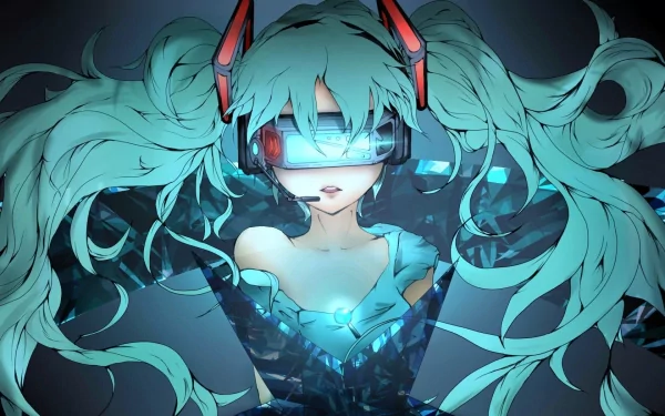 Anime art featuring Hatsune Miku from Vocaloid, portrayed with long teal hair and a futuristic visor, set against a high-definition background suitable as a desktop wallpaper.
