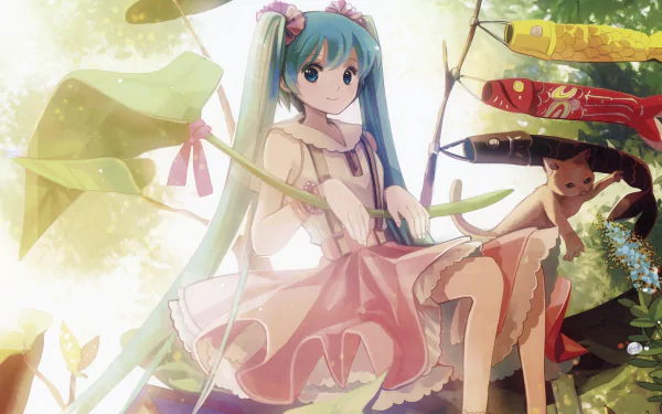 Anime-style artwork featuring Hatsune Miku from Vocaloid, sitting on a tree branch in a forest. This HD desktop wallpaper and background captures her in a serene and whimsical setting.