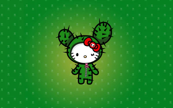 HD desktop wallpaper featuring a cactus-themed Hello Kitty character on a green background with a subtle star pattern.