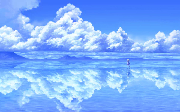 Anime-style character walking on a mirror-like water surface with vivid blue sky and fluffy clouds reflected below, in a high-definition desktop wallpaper.