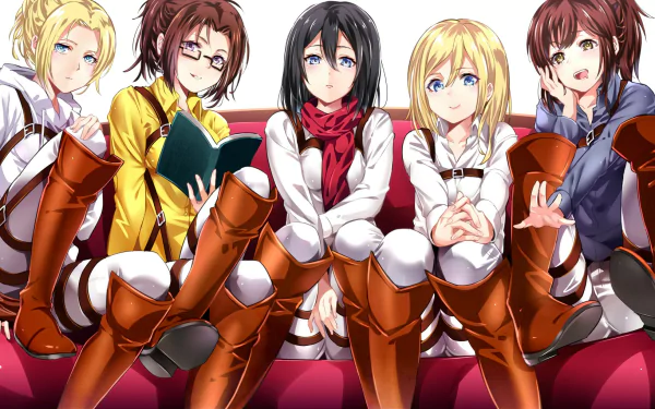 HD desktop wallpaper featuring five characters from Attack on Titan in uniform, seated with a book, exuding confidence and camaraderie.