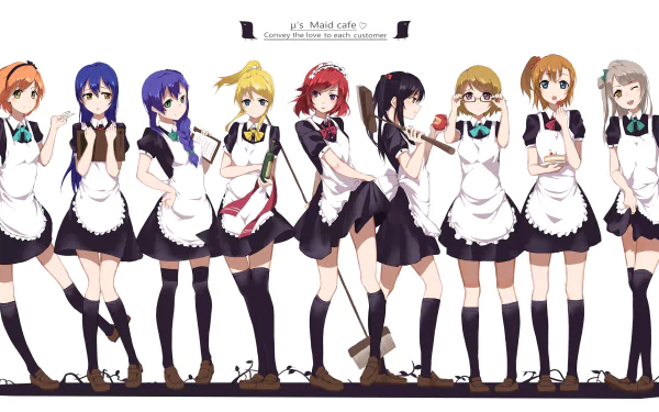 HD wallpaper featuring characters from the anime Love Live! dressed in maid uniforms, standing in a row and posing cheerfully.