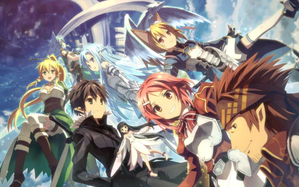 HD desktop wallpaper featuring characters Kirito, Asuna, Yui, Klein, Sinon, Lisbeth, Silica, and Leafa from Sword Art Online in an action-packed pose.