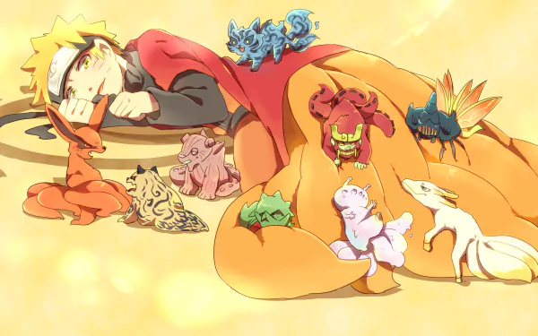 HD desktop wallpaper featuring Naruto Uzumaki asleep with small animated versions of the Tailed Beasts: Kurama, Gyûki, Chōmei, Saiken, Kokuô, Son Gokû, Isobu, Shukaku, and Matatabi. Anime theme from Naruto.