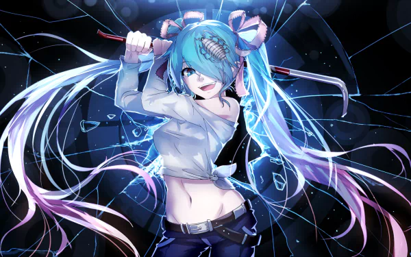 HD desktop wallpaper featuring Hatsune Miku, an Anime Vocaloid, with long blue hair. She wields a crowbar in a dynamic pose, with a shattered glass background.