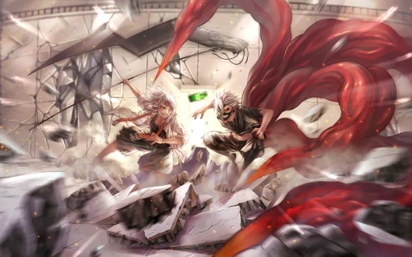 Anime scene from Tokyo Ghoul featuring Ken Kaneki and Juuzou Suzuya in an intense battle. Both characters have white hair, red eyes, and are equipped with weapons. Juuzou wields a scythe, and Kaneki uses his Kagune.