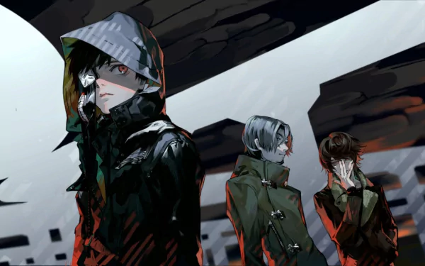 HD wallpaper of Tokyo Ghoul featuring characters Ken Kaneki, Nishiki Nishio, and Renji Yomo, styled in moody, dramatic tones.