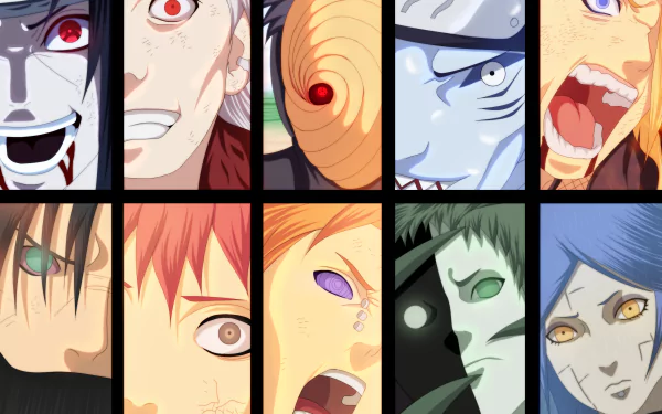HD wallpaper featuring close-up panels of Naruto characters Kisame Hoshigaki, Zetsu, Hidan, Deidara, Itachi Uchiha, Obito Uchiha, Sasori, and Pain.