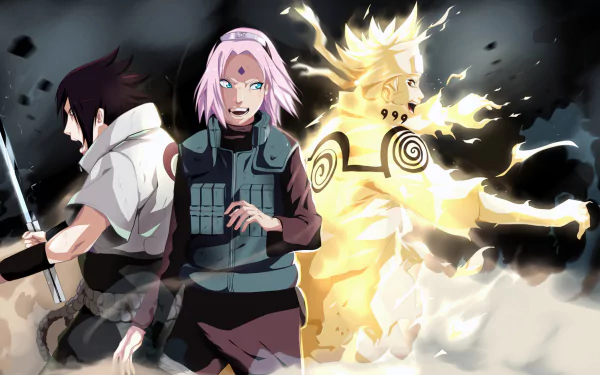 HD desktop wallpaper featuring Naruto Uzumaki, Sakura Haruno, and Sasuke Uchiha from the anime series Naruto, depicted in dynamic action poses.