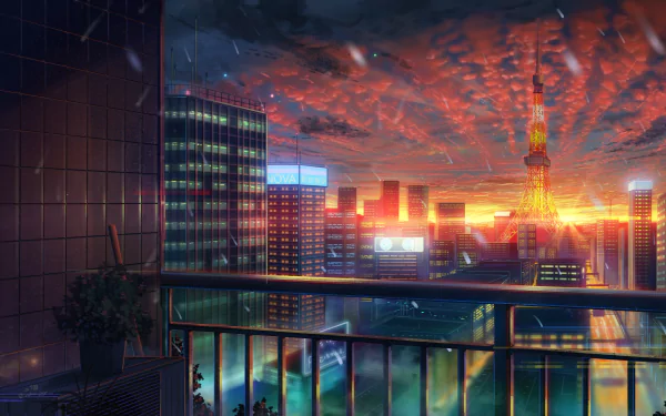 A stunning HD anime cityscape wallpaper showcasing a vibrant sunset sky, high-rise buildings, and a tower in the distance, viewed from a terrace with delicate rain droplets falling.