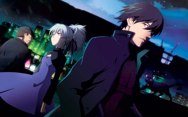 An HD wallpaper featuring characters from Darker Than Black, including Hei, Yin, Huang, and Mao, set against a vibrant city skyline at night.