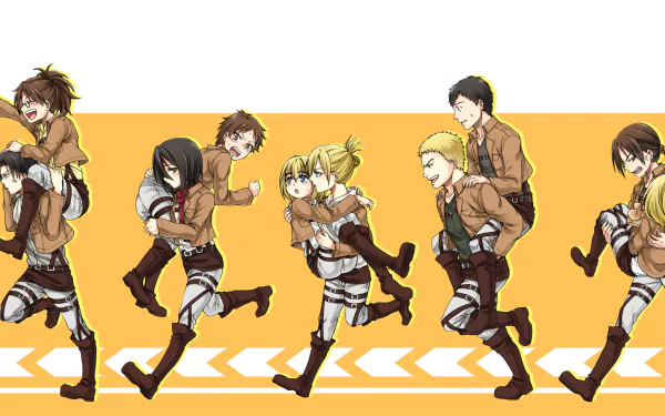 HD desktop wallpaper featuring characters Historia Reiss, Sasha Blouse, Reiner Braun, Annie Leonhart, and others from the anime Attack on Titan, set against an orange and white background.