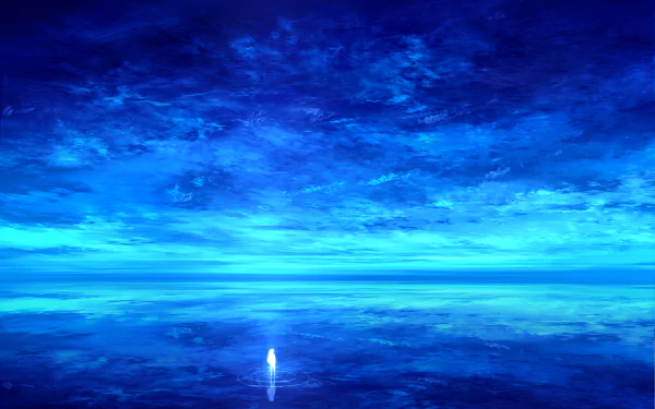 Anime-style landscape wallpaper featuring a tranquil ocean reflecting a deep blue sky with scattered clouds. The serene composition creates a calming and immersive atmosphere.
