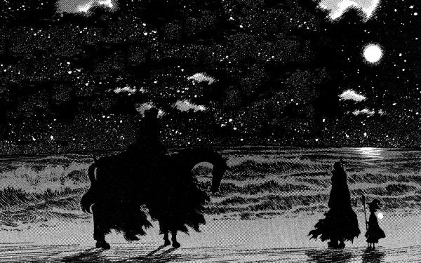 A striking HD wallpaper from the anime Berserk, featuring silhouetted figures against a starry night, evoking a sense of adventure and contemplation by the sea.