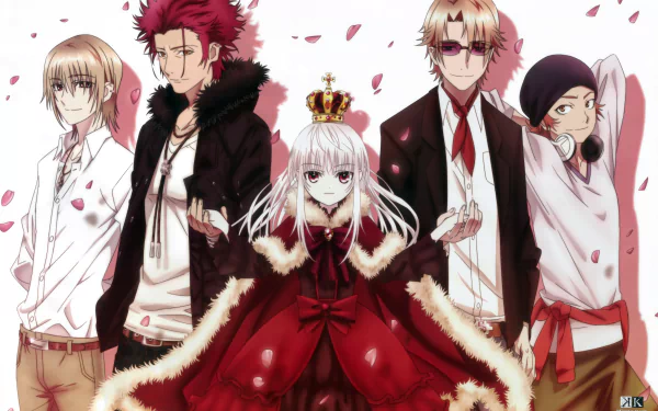 HD desktop wallpaper featuring Misaki Yata, Izumo Kusanagi, Anna Kushina, Mikoto Suoh, and Tatara Totsuka from the anime K Project. The characters stand together with cherry blossom petals falling around them.