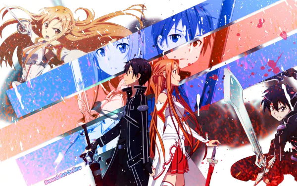 HD desktop wallpaper featuring characters Asuna Yuuki and Kirito from Sword Art Online, depicted in dynamic poses with vibrant, colorful backgrounds.