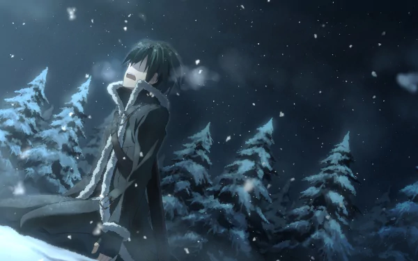 Kirito from Sword Art Online in a wintery forest, snow falling gently around him. This HD anime wallpaper captures a serene and contemplative moment.