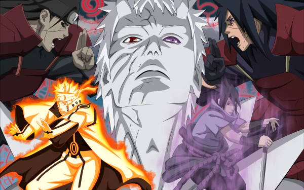HD desktop wallpaper featuring characters Hashirama Senju, Madara Uchiha, Obito Uchiha, Sasuke Uchiha, and Naruto Uzumaki from the anime Naruto in an intense, dynamic pose setup.