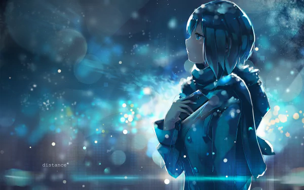 HD desktop wallpaper featuring an anime girl with short hair wearing a winter coat and scarf gazing into the snowy, blue-lit night sky.
