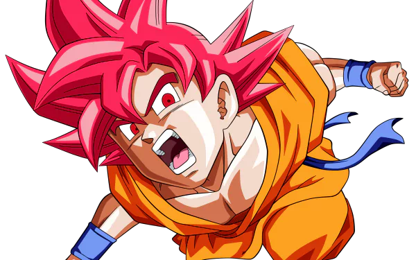 An HD desktop wallpaper featuring Goku in his Super Saiyan God form from Dragon Ball Super, depicting the iconic Saiyan warrior in an intense and dynamic pose.