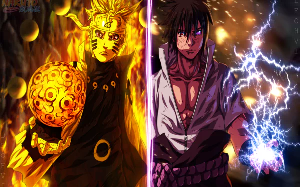 HD desktop wallpaper featuring Anime characters Sasuke Uchiha and Naruto Uzumaki from Naruto, showcasing their powerful auras and abilities with vibrant energy effects.
