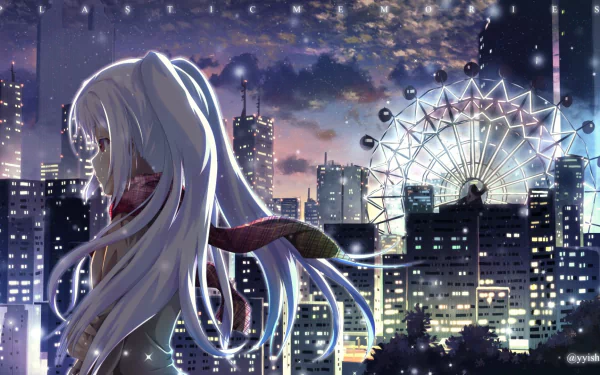 HD desktop wallpaper featuring Isla from the anime Plastic Memories, with a cityscape and Ferris wheel glowing softly at night.