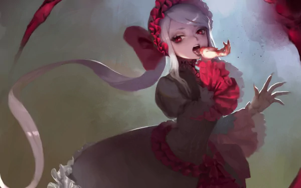 HD desktop wallpaper featuring Shalltear Bloodfallen from the anime Overlord. The character, adorned in an elaborate outfit with red accents, stands against a muted background, evoking a mystical atmosphere.