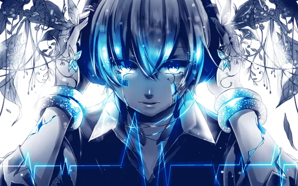 An HD desktop wallpaper of Hatsune Miku from Vocaloid with tears in her eyes, featuring short hair and surrounded by intricate blue patterns.