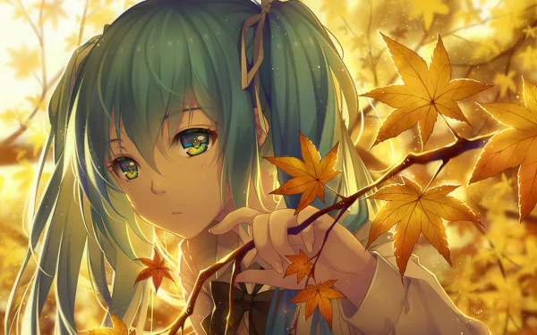 An HD wallpaper featuring Hatsune Miku with long blue hair and twintails, wearing bows, surrounded by fall leaves. She has striking blue eyes and is depicted in an autumn setting.