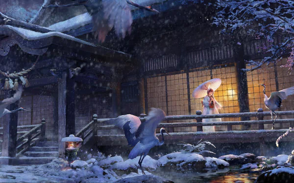 A serene winter scene featuring a person in a kimono holding an umbrella, standing on a house's veranda during snowfall. Storks are present in the foreground. HD anime desktop wallpaper and background.
